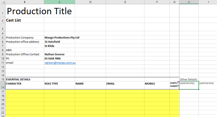 Our cast and crew template highlighting the area for essential details to be inserted